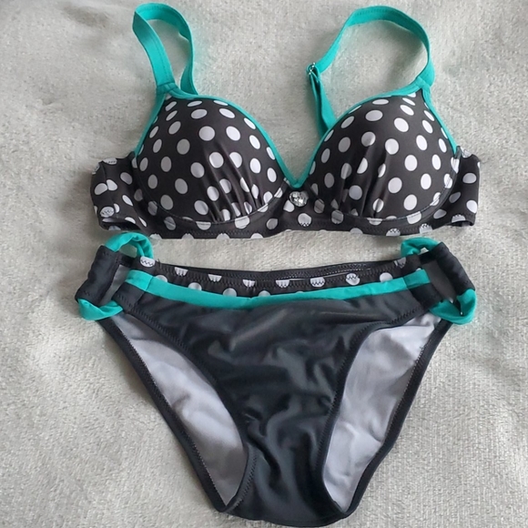 Grey & Teal Polka Dot Bikini - Picture 3 of 13